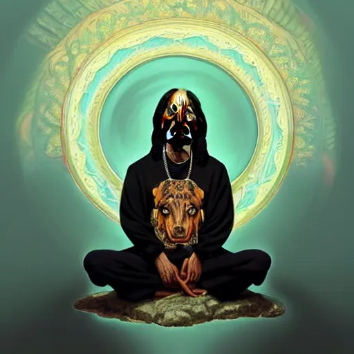 Image similar to intense portrait of the snoop dog meditating in lotus position while smoking a joint, intricate, elegant, highly detailed, my rendition, digital painting, artstation, concept art, smooth, sharp focus, radiant light, illustration, art by artgerm and greg rutkowski and alphonse mucha