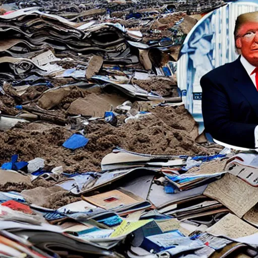 Prompt: photo of donald trump buried beneath a massive pile of classified documents and files, hd, 4 k