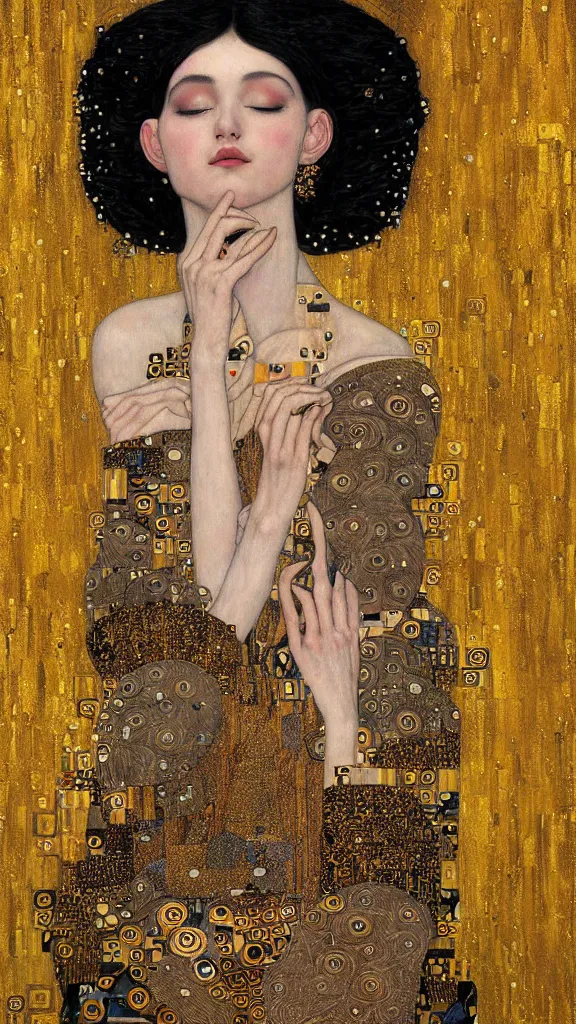 Prompt: a soft and breathtaking detailed painting of a beautiful black haired woman with pale skin and a crown on her head sitted on an intricate metal throne in the style of gustav klimt, blonde hair, shiny gold, elegant, highly detailed, artstation, fluo colors, concept art, matte, sharp focus, art by gustav klimt