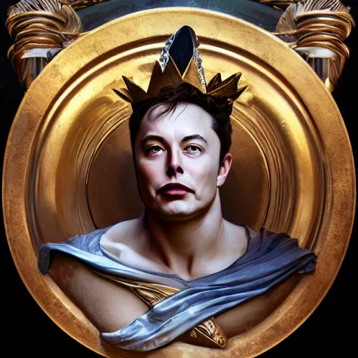 Prompt: portrait of Elon Musk as a greek god, marble statue, greek mythology, gold crown and filaments, intricate, headshot, highly detailed, digital painting, artstation, concept art, sharp focus, cinematic lighting, illustration, art by artgerm and greg rutkowski, alphonse mucha, cgsociety