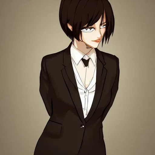 Image similar to woman in black business suit, light brown neat hair, pixiv, fanbox, trending on artstation, portrait, digital art, modern, sleek, highly detailed, formal, serious, determined, lawyer, colorized, smooth, charming, pretty, safe for work