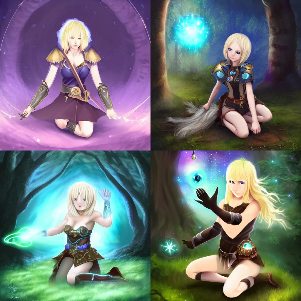 Prompt: a cute sorceress with short blonde hair, with many detailed shields made of magical energy orbiting in circles over her body, protecting her as she crouches warily on a forest path, fantasy anime, digital painting