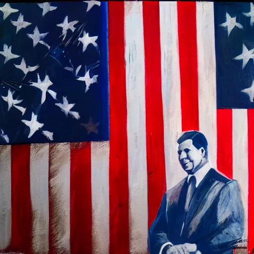 Image similar to oil painting of Ron Desantis in front of a Betsy Ross flag, dark, creepy, ominous, modern propaganda poster style