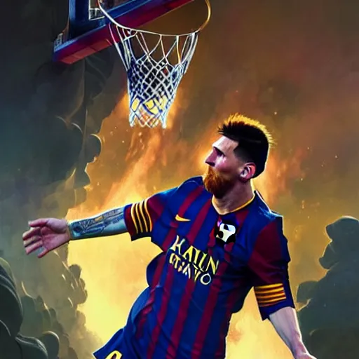 Prompt: Messi dunking on Ronaldo, D&D, fantasy, intricate, elegant, highly detailed, digital painting, artstation, concept art, matte, sharp focus, illustration, art by Artgerm and Greg Rutkowski and Alphonse Mucha