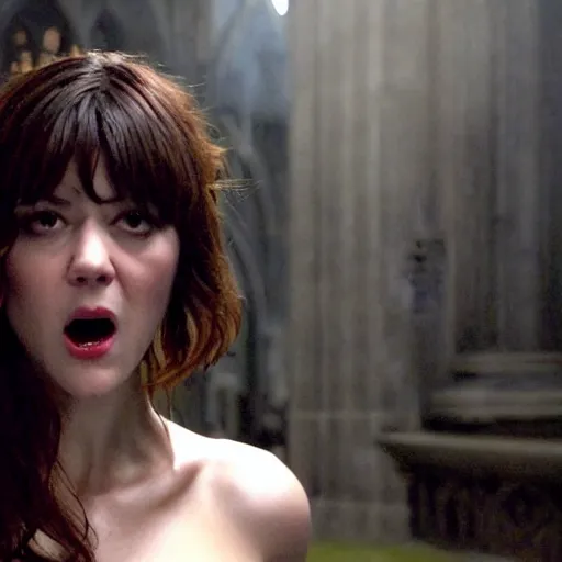 Image similar to mary elizabeth winstead as a vampire menacingly flashing her fangs in a gloomy gothic cathedral at night