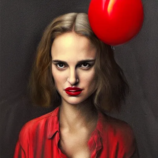 Image similar to surrealism grunge cartoon portrait sketch of natalie portman with a wide smile and a red balloon by - michael karcz, loony toons style, mona lisa style, horror theme, detailed, elegant, intricate