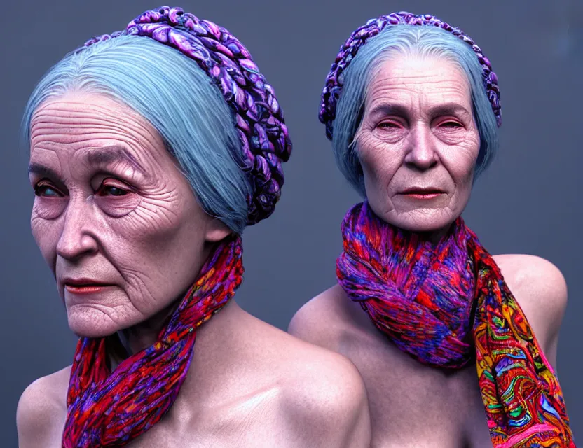 Prompt: cinematic bust portrait of psychedelic beautiful granny, a scarf tied on the head, robot cyborg by jean giraud, trending artstaition, unreal engine