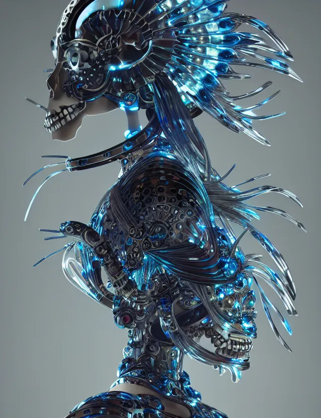 Image similar to 3 d goddess close - up profile simple portrait cybernetic with skull. beautiful intricately detailed japanese crow kitsune mask and clasical japanese kimono. betta fish, jellyfish phoenix, bio luminescent, plasma, ice, water, wind, creature, artwork by tooth wu and wlop and beeple and greg rutkowski