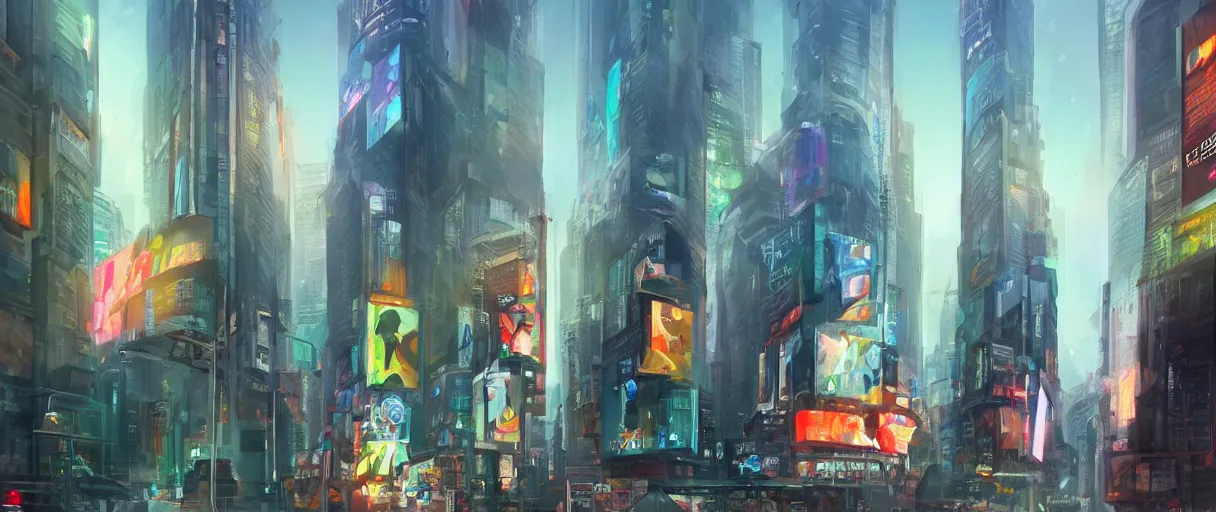 Image similar to huge modern downtown city, billboards, Times Square, concept art, digital painting, style of jordan grimmer, warm lighting, futuristic, volumetric lighting, view from below, vivid colours, bright, daytime, godrays , high detail