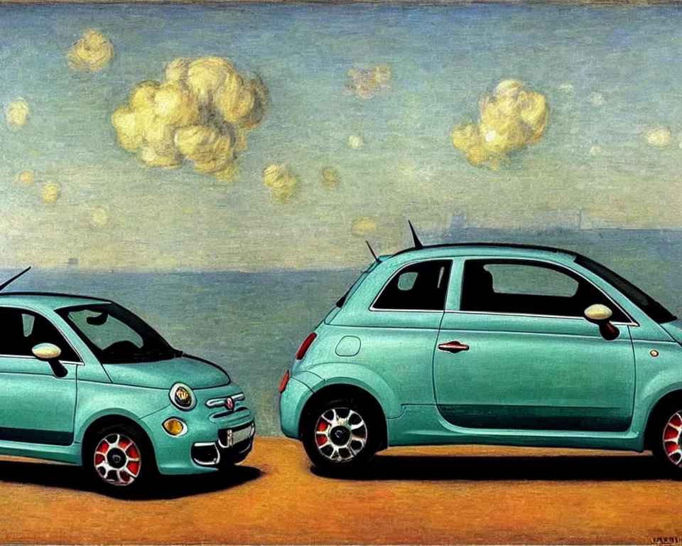 Image similar to achingly beautiful painting of a 2 0 1 3 fiat 5 0 0 abarth by rene magritte, monet, and turner. whimsical.