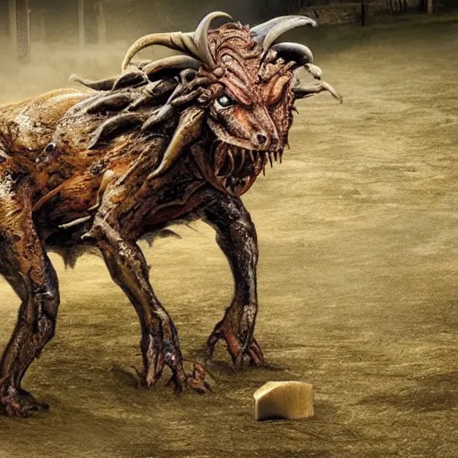 Image similar to horror, a monstrous mutant goat creature is galloping across a muddy medieval village square in daylight, filthy matted fur, human eyes, disturbing, mutated, crocodile - like teeth