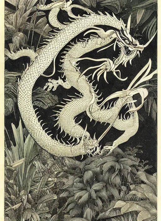 Image similar to vintage chinese dragon in a tropical forest, john james audubon, ernst haeckel, intaglio, sharp focus