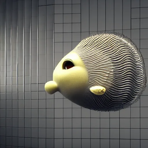 Image similar to : puffer fish pattern sculpture art on the wall in modern architecture studio, cinematic lighting, hyper - realistic, detailed, render by c 4 d octane, unreal engine, 8 k 3 d render