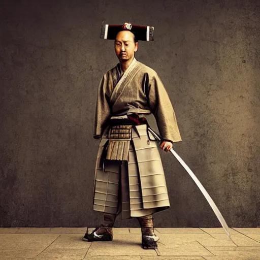 Prompt: Samurai master standing with holding sword , realistic photo illustration