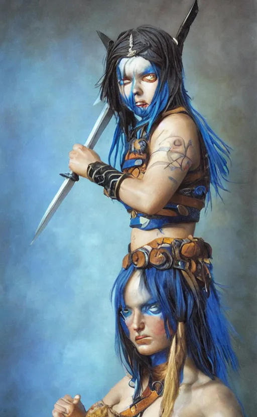 Prompt: little angry girl with blue hair, warrior dress, by gerald brom