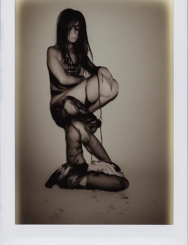 Prompt: polaroid photo with flash, girl sitting on a bad, heavy make up, grunge style, asian, polaroid photo bleached strong lights, kodak film stock, hyper real, stunning moody cinematography, with anamorphic lenses, by maripol, by stanley kubrick, detailed