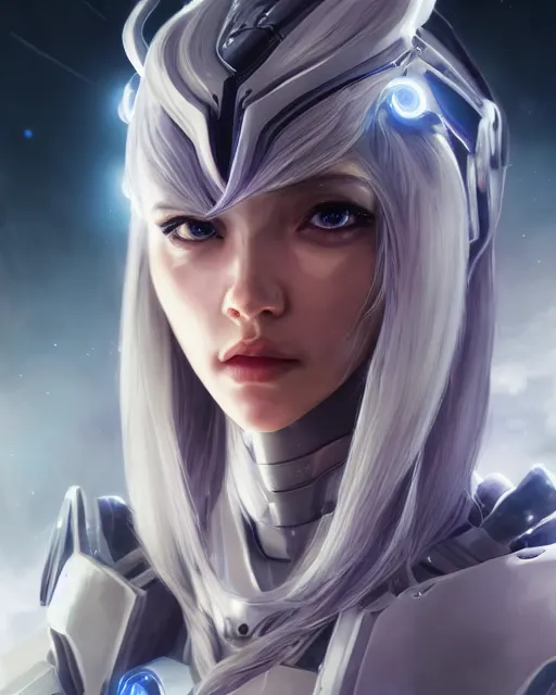 Image similar to perfect android girl on a mothership, warframe armor, beautiful face, scifi, futuristic, galaxy, nebula, raytracing, dreamy, long white hair, blue cyborg eyes, sharp focus, cinematic lighting, highly detailed, artstation, divine, by gauthier leblanc, kazuya takahashi, huifeng huang