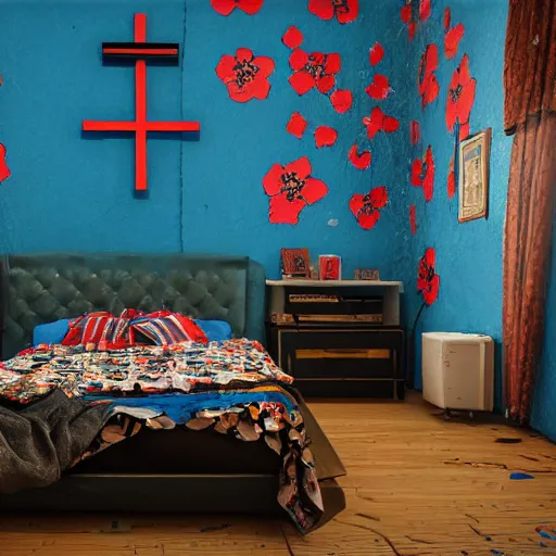 Prompt: male artist's messy, cluttered, dirty bedroom with blue and black floral painted walls and a big bold red christian cross on the wall. flowers painted on walls. realistic, highly detailed, sharp focus, volumetric lighting, full shot, 3 5 mm, unreal engine,