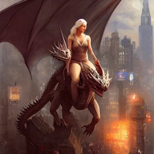 Image similar to Daenarys Targareyn on a dragon in times square, intricate, highly detailed, smooth, artstation, digital illustration by Ruan Jia and Mandy Jurgens and Artgerm and Wayne Barlowe and Greg Rutkowski