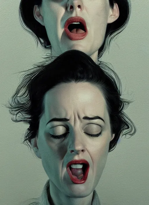 Image similar to twin peaks movie poster art, portrait of a screaming eva green, from scene from twin peaks, clean, simple illustration, nostalgic, domestic, highly detailed, digital painting, artstation, concept art, smooth, sharp focus, illustration, artgerm, donato giancola, joseph christian leyendecker, wlop