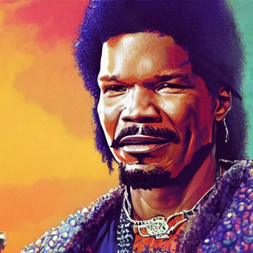 Image similar to UHD movie still of Jamie Foxx as Jimmy Hendrix by Antonio Caparo and Ferdinand Knab and Greg Rutkowski UHD photorealistic trending on artstation