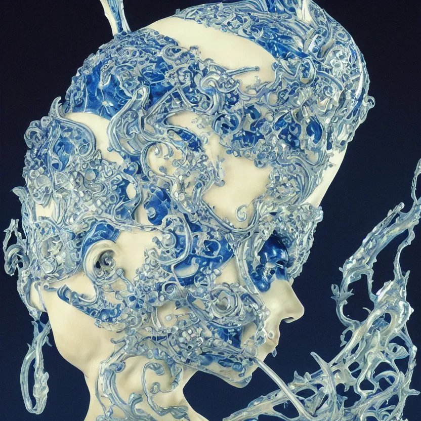 Prompt: a close - up portrait of an ornate blue and white porcelain figure made out of white vitrified translucent ceramic ; china. reflective detailed textures. gloomy black background. highly detailed fantasy science fiction painting by moebius, norman rockwell, frank frazetta, and syd mead. rich colors, high contrast. artstation