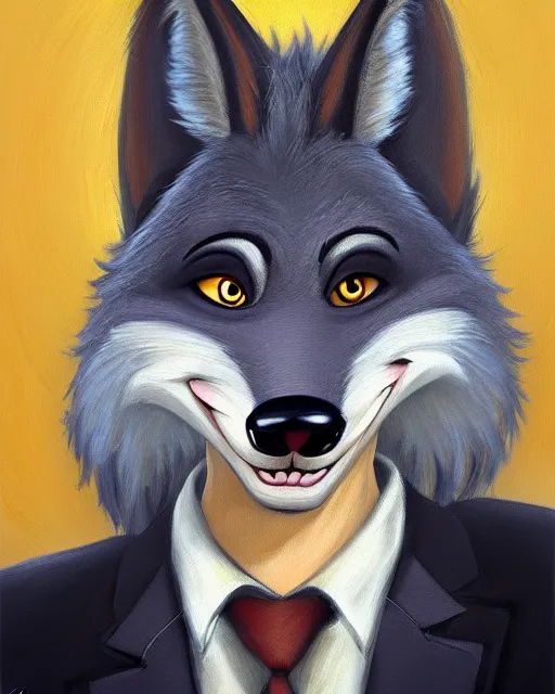 Image similar to oil painting of anthromorphic female wolf, in style of zootopia, female fursona, furry, furaffinity, 4 k, deviantart, furry art, fursona art, wearing black business suit, business suit, wolf fursona, female, very expressive detailed feminine face,