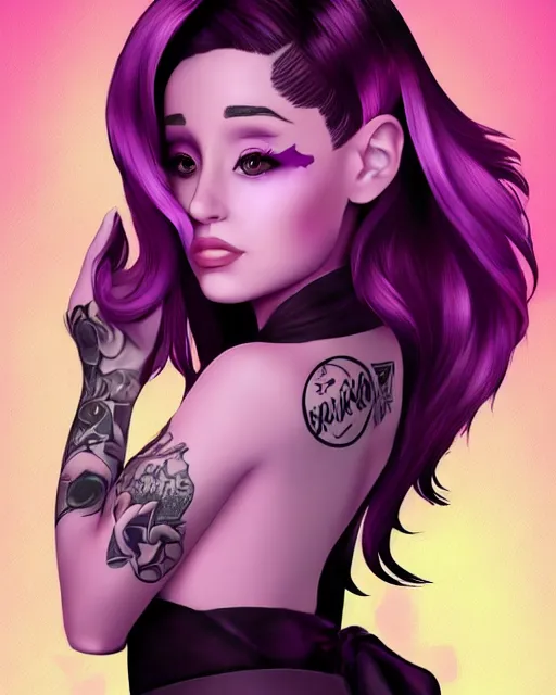 Image similar to beautiful Ariana Grande purple-hair tattoos symmetrical face stunning eyes full length fantasy art icon, 2d art gta5 cover, official fanart behance hd artstation