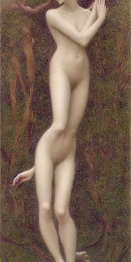 Image similar to Say who is this with silver hair so pale and Wan! and thin? beautiful lone single feminine!! angel, Venus Aphrodite, in the style of Jean Delville, Lucien Lévy-Dhurmer, Fernand Keller, Fernand Khnopff, oil on canvas, 1896, 4K resolution, aesthetic, mystery