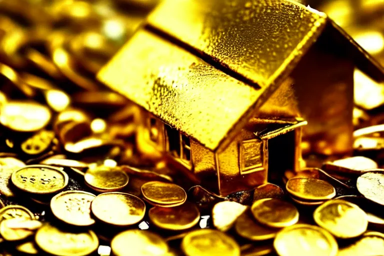 Image similar to a house, made of gold, under construction, with piles of coins around it