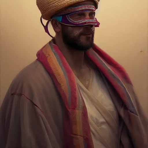 Image similar to portrait of a blindfolded man in multicolored robes, a large straw hat, detailed face, highly detailed, cinematic lighting, digital art painting by greg rutkowski