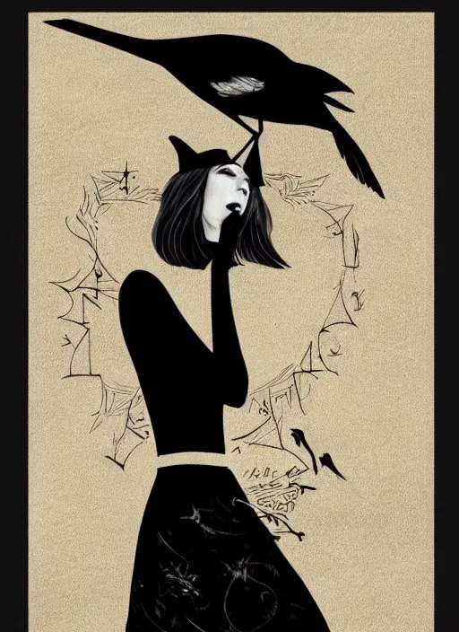 Image similar to young witch ; occult magic ; black dress ; nice face ; a crow sitting on her head ; dark colors ; cinematic light