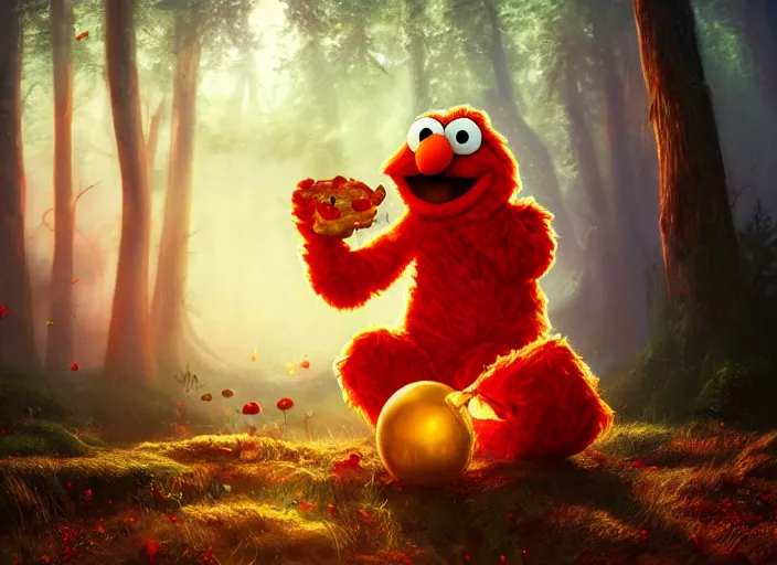 Image similar to elmo eating magic mushroom, golden hour, fantasy, sharp focus, digital art, hyper realistic, 4 k, unreal engine, highly detailed, hd, dramatic lighting by brom, trending on artstation