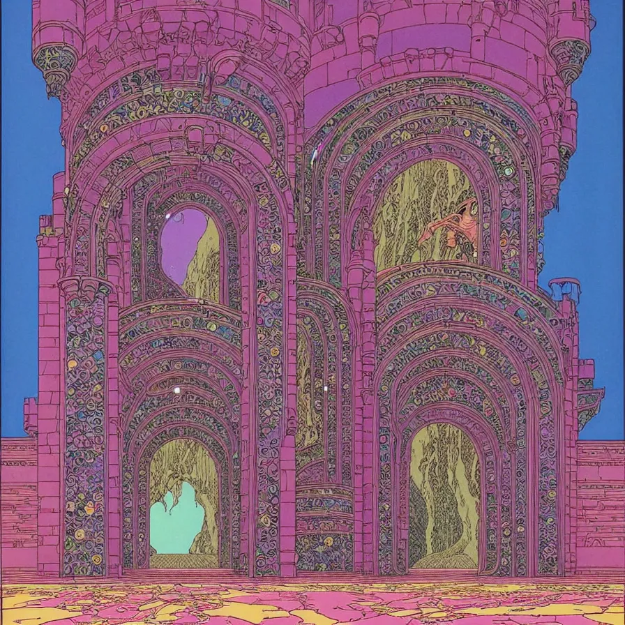 Image similar to ( ( ( ( entrance of the huge castle, with decorative frame design ) ) ) ) by mœbius!!!!!!!!!!!!!!!!!!!!!!!!!!!, overdetailed art, colorful, artistic record jacket design