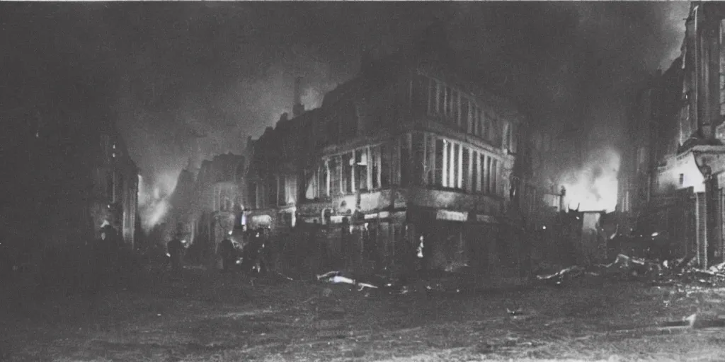 Image similar to a colour photo taken at night of saint - malo street on fire after a bombing in 1 9 4 5