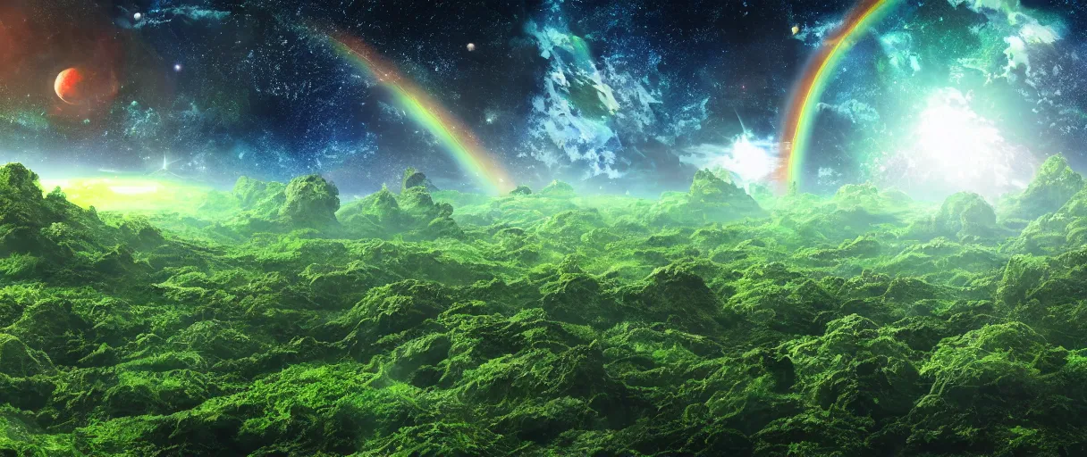 Image similar to a lush green crumbling island floating in space, debris, center of image, planets, stars, rainbows, nebula, asteroids, studio ghibli style, detailed, depth of field