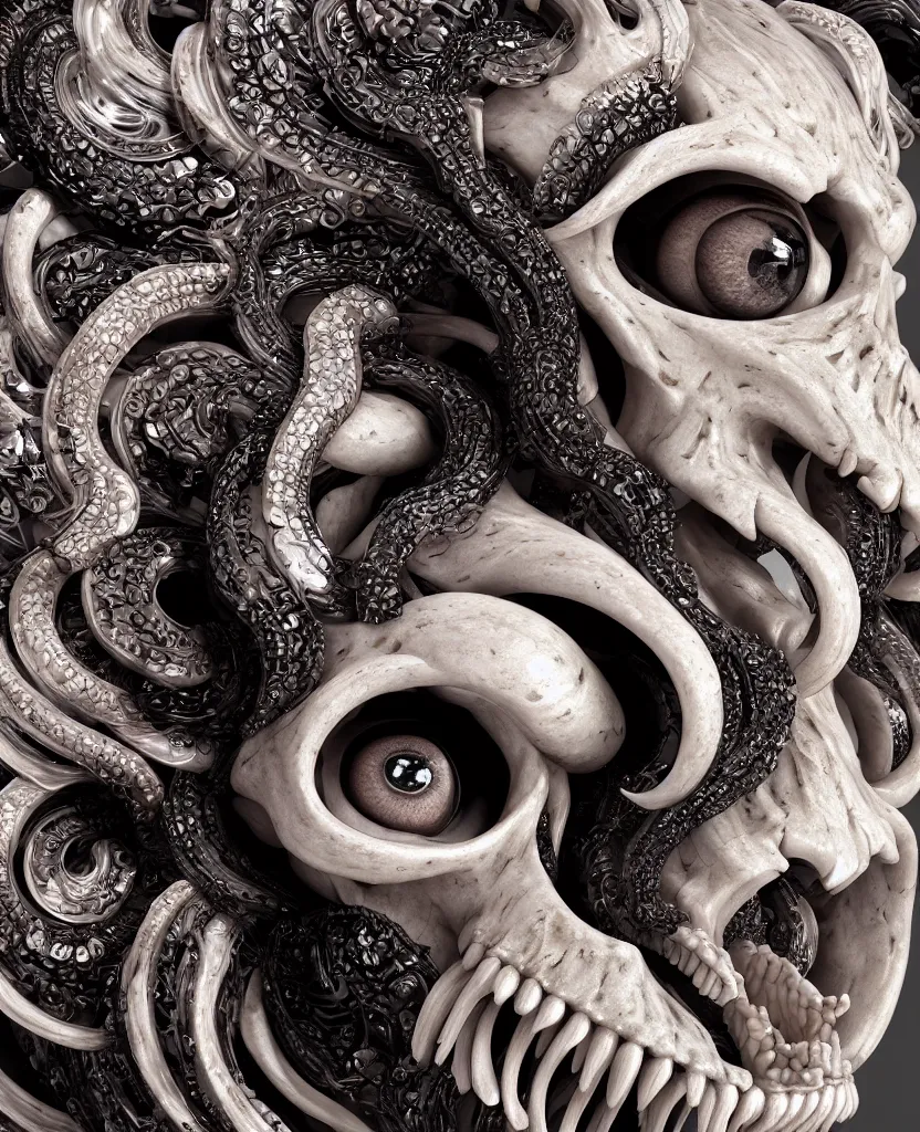 Image similar to goddess princess face close-up portrait ram skull. sculpture made of black and dichroic. jellyfish phoenix head, nautilus, orchid, skull, betta fish, bioluminiscent creatures, intricate artwork by Tooth Wu and wlop and beeple. octane render, trending on artstation, greg rutkowski very coherent symmetrical artwork. cinematic, hyper realism, high detail, octane render, 8k