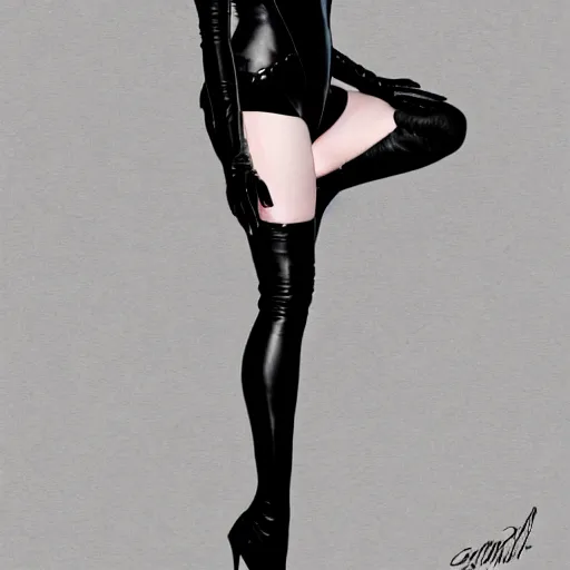 Image similar to Fully-clothed full-body portrait of Christina Hendricks as catwoman with eyes covered, leather thigh-high boots, digital art