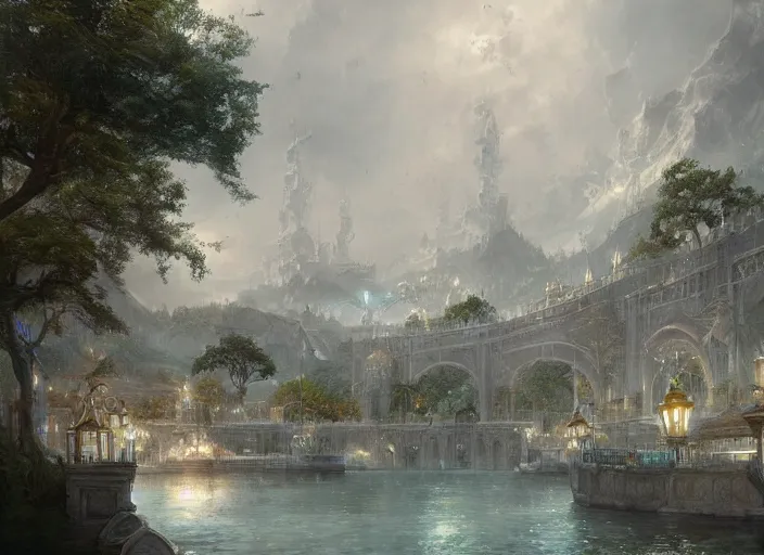 Image similar to A port near the ocean in a beautiful elven city made of white marble, anime, lush trees, fountain, boats in the water, a fantasy digital painting by Greg Rutkowski and James Gurney, trending on Artstation, highly detailed