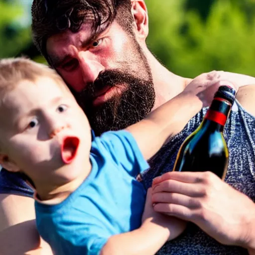 Image similar to ESPN photo of Tall male Wrestler with stubble drinking a bottle of wine, while holding a small child in a choke hold