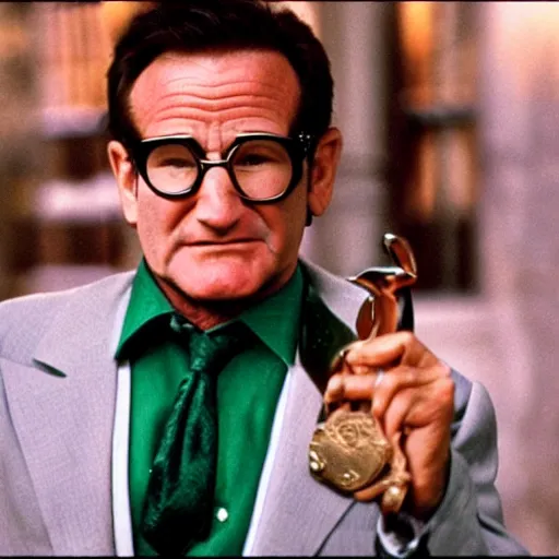 Image similar to award winning awe inspiring movie still of Robin Williams playing The Riddler