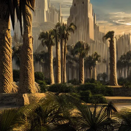 Image similar to cover concept art of the lost sand city, ruins, golden towers, golden pillars, palm trees, post-processing, in the style of Hugh Ferriss, Behance, Artgerm. High detail, ultra realistic render, octane, 3D, photorealism, symmetric, cinematic