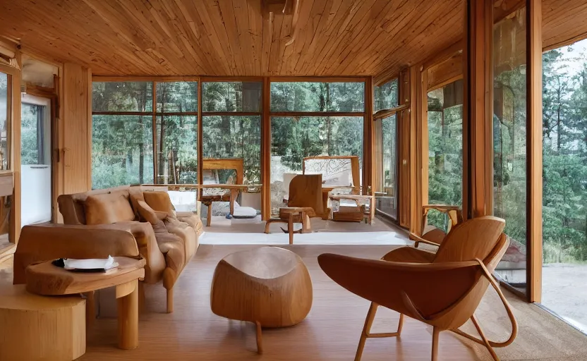 Image similar to luxurious wooden cottage by alvar aalto, modern Japanese living room, Japanese flower arrangements, coherent composition, architecturally accurate, architecture photography