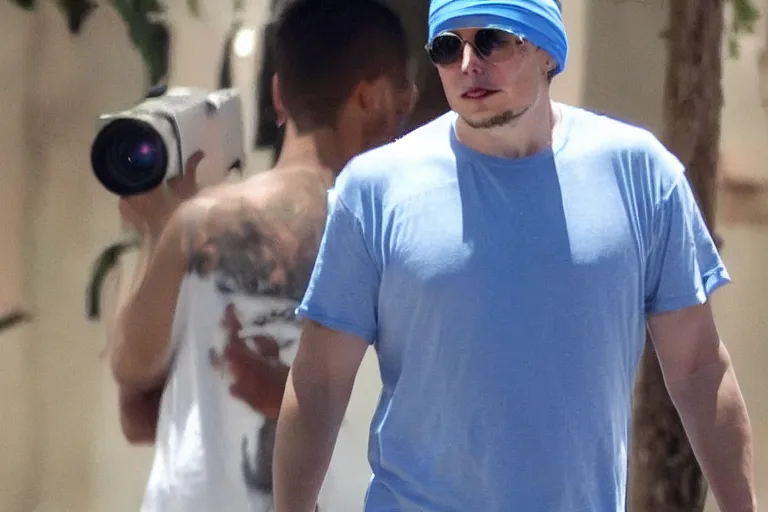 Image similar to elon musk as a dangerous gang member, wearing a blue head covering made from a polyester material and a stained white tank top, paparazzi, leaked footage, uncomfortable, bad quality