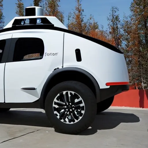 Prompt: weaponized self driving car by google equipped with multiple rocket launcher system