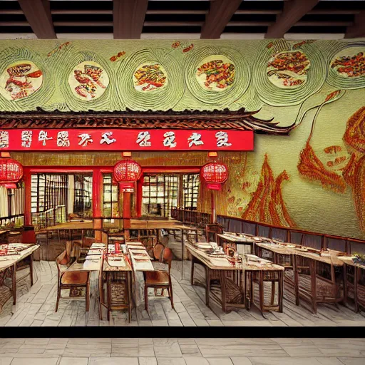 Image similar to a beautiful hyperdetailed interior 4 k hd wallpaper illustration of roasted string hotpot restaurant restaurant yan'an, corner, simple style, wall painting, from china, with merchant logo, fine delicate structure, surrealistic, chinese style, victo ngai