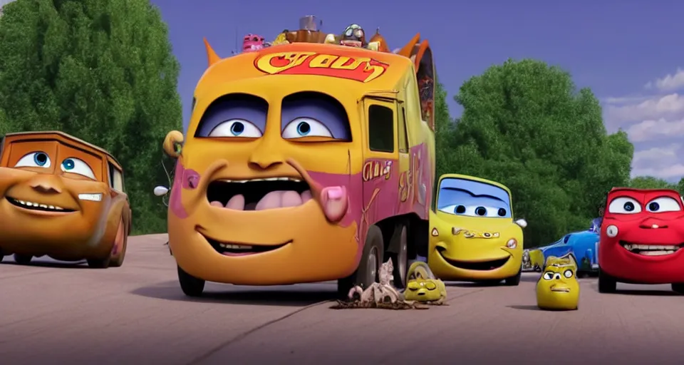 Prompt: A screenshot of Catbus in the Pixar movie Cars