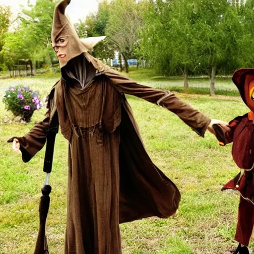 Image similar to elvish scarecrow scaring off goblins