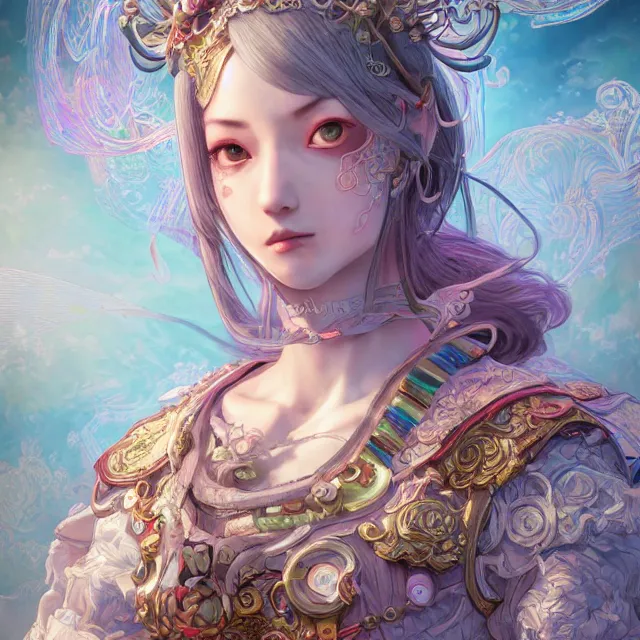 Prompt: studio portrait of neutral good rainbow colorful female cleric bard healer as absurdly beautiful, elegant, young skinny gravure idol, an ultrafine hyperdetailed illustration by kim jung gi, intricate linework, detailed symmetrical faced, sharp focus, bright colors, octopath traveler, final fantasy, unreal engine 5 highly rendered, global illumination, radiant light, detailed and intricate environment