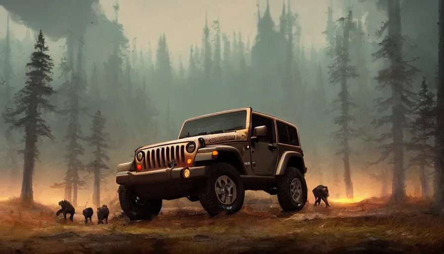 Prompt: single jeep wrangler, tribe members watching nearby, an epic fantasy, dramatic lighting, cinematic, establishing shot, extremely high detail, photorealistic, cinematic lighting, artstation, by simon stalenhag, horizon forbidden west